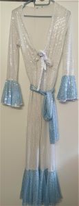 Adult Female Costumes to Hire - Silver Sequin Jumpsuit with blue bellbottoms - SMALL